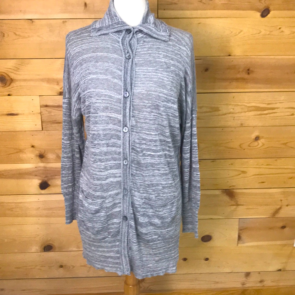 Peruvian Connection Lightweight Marled Cotton Gray White Cardigan Sweater Large